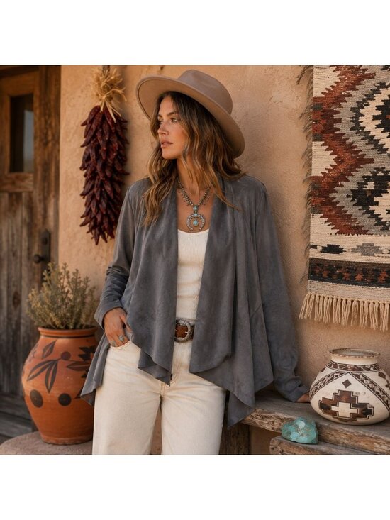 bagatelle Sweaters - Gray Faux Suede Coatigan Open Front Stretch Jacket Santa Fe Ranch Luxe Boho L